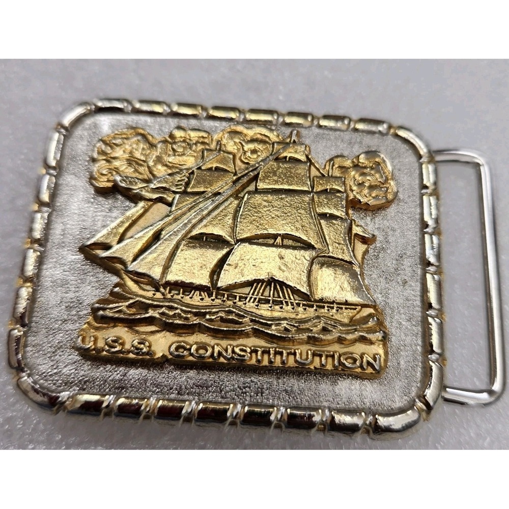 USS Constitution Ship Sailing Vintage Belt Buckle 2.25 X 1.75 With Signs Of Wear